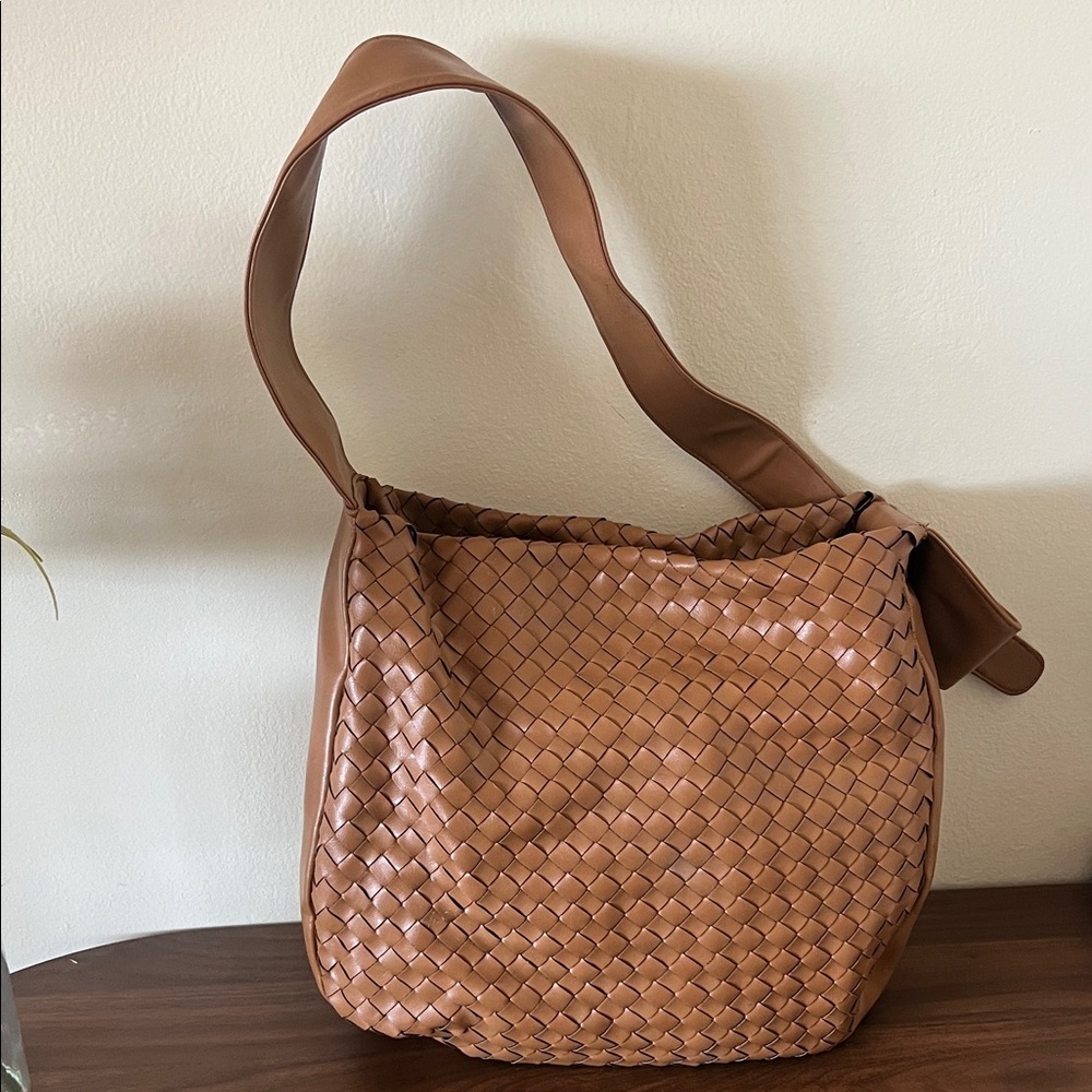 Tan Faux Leather Woven Shoulder Bag | Boho Minimalist Hobo Purse